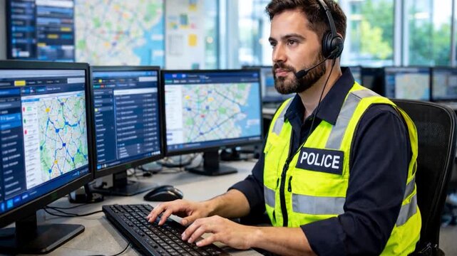 Police officer at work in a 911 call center.

