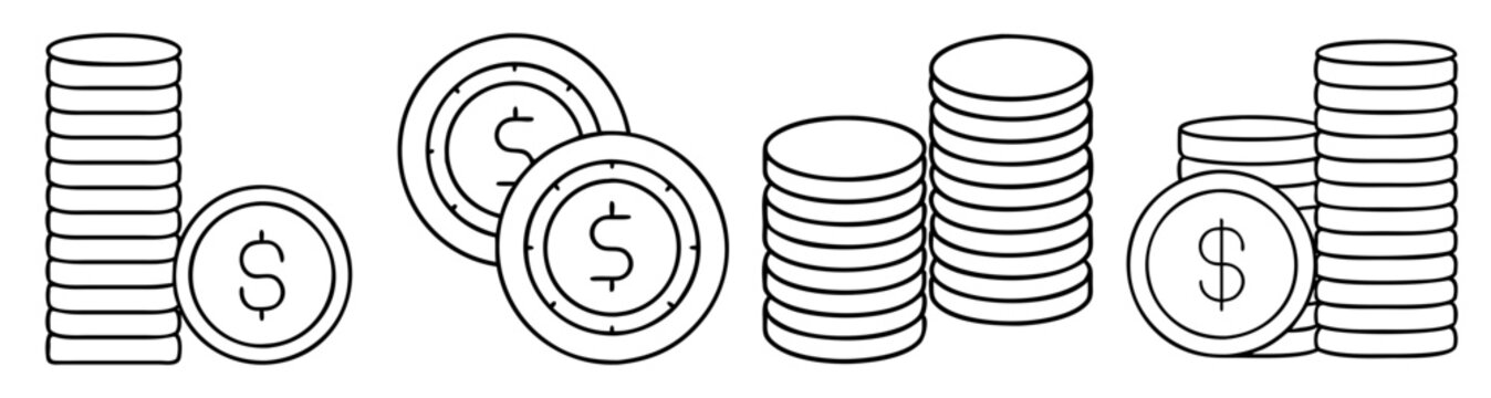 Stacked coins vector icon set with dollar and euro symbols for finance and business growth illustration
