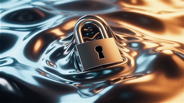 A metallic lock partially submerged in reflective, fluid-like surface, showcasing a blend of warm and cool tones