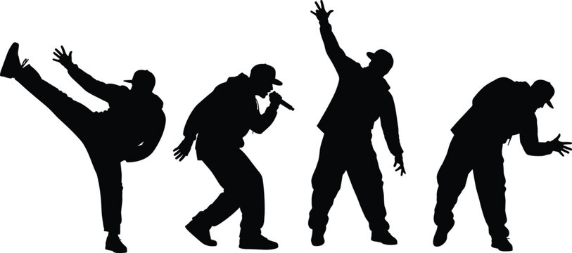 Silhouette illustration of hip hop dancers and rapper in streetwear hoodie cap dynamic pose music culture performance icon, flat vector illustration