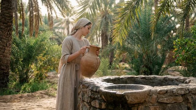 Ancient woman in traditional robe pouring water from clay jug into stone well in oasis. Historical female figure collecting water near palm trees in desert. Biblical or middle eastern concept