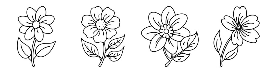 Set of four elegant white spring flowers vector icons isolated on transparent background minimalist design
