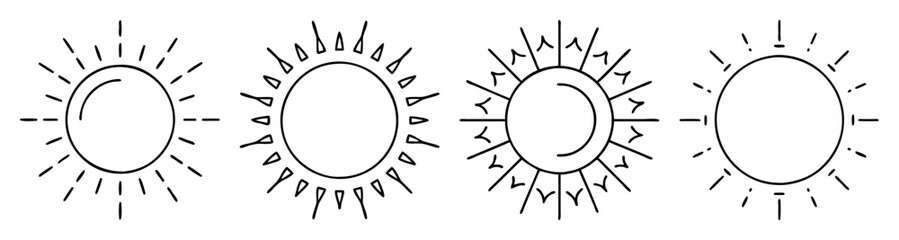 Set of four minimalist sun vector icons with radiating rays, flat design outline style for web and print graphics