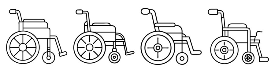 Set of four modern wheelchair vector icons in black and white for accessibility and disability awareness design