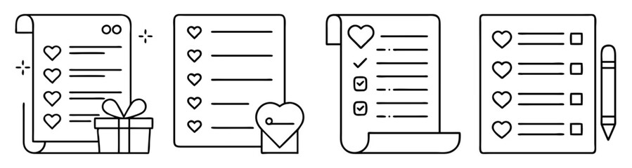 Minimalist wishlist checklist vector icons with gift box, heart, and shopping symbols for ecommerce and holiday promotions
