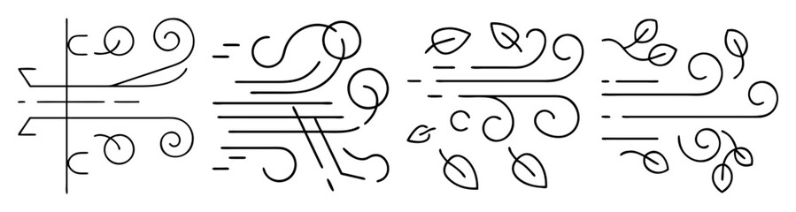 Hand drawn black wind vector icon set with swirls and curved lines for weather forecast and nature themes