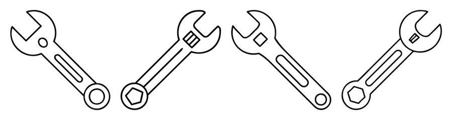 Set of four adjustable wrench vector icons isolated on white background for tools and repair concept