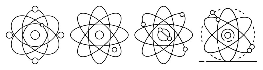 Set of four minimalist atomic structure vector icons for science education and technology design elements