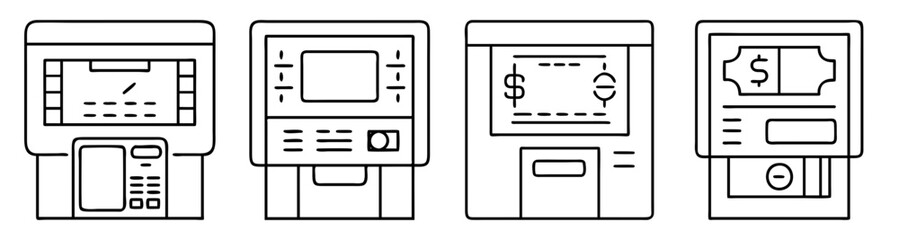 Modern ATM Machine Vector Icons Set with Cash Withdrawal Banking Transaction and Financial Security Symbols