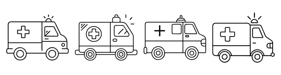 Vector icons set of emergency medical vehicles ambulance van fire truck rescue service flat design isolated illustration