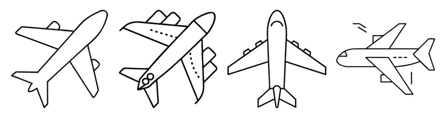Set of four modern airplane vector icons in flight and takeoff modes isolated on white background for travel and aviation design