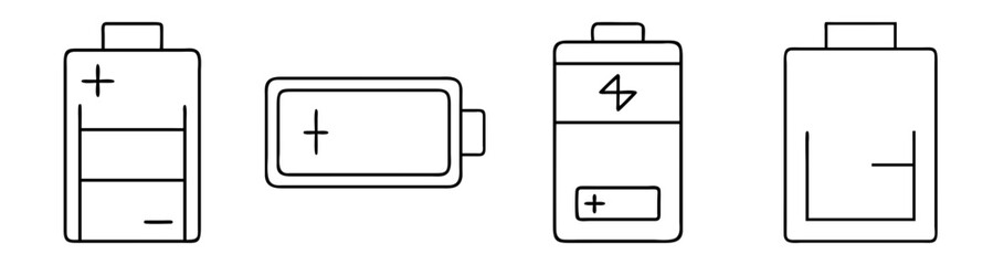 Battery charging icon set with power levels and plus minus symbols vector illustration flat design