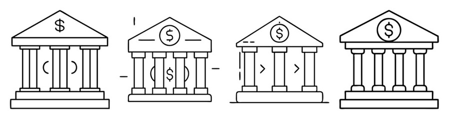 Four Column Vector Icons of Bank Buildings with Dollar Signs Finance Business Concept Minimalist Line Art
