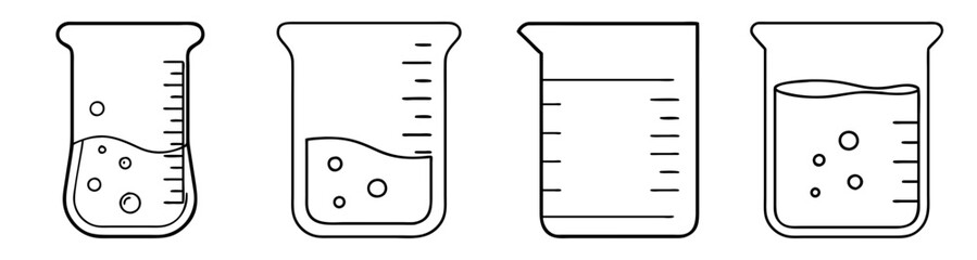 Set of four laboratory glass beakers vector icon isolated on white background for science education and chemistry experiments