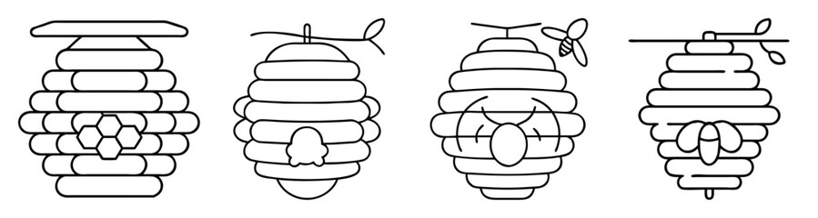 Bee Hive Vector Icon Set with Honeycomb and Bees in Flat Design Style Illustration