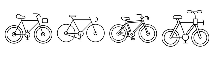 Set of five modern flat design vector bicycle icons in line art style for sports, travel, and urban lifestyle concepts