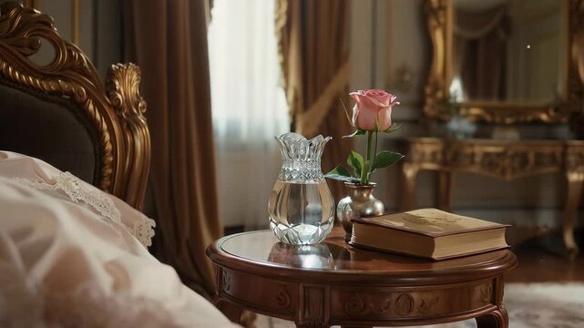 Elegant Serenity in a Luxurious Bedroom: A close-up view of a beautifully adorned bedroom reveals an ambiance of tranquility, featuring a blooming rose on a bedside table alongside a book.