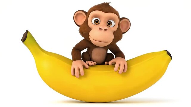 3D Cartoon Monkey Riding a Giant Banana on White Background.