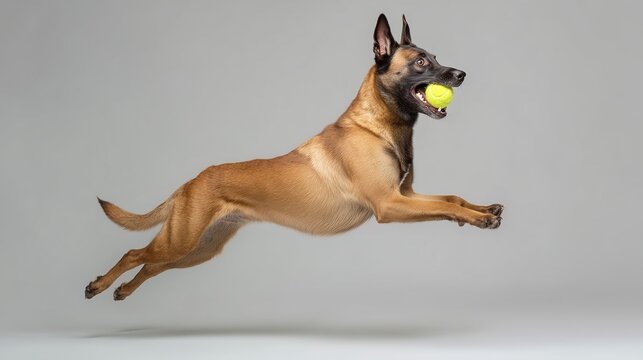 A brown Beligian Malinois dog jumps to catch a yellow ball in air.