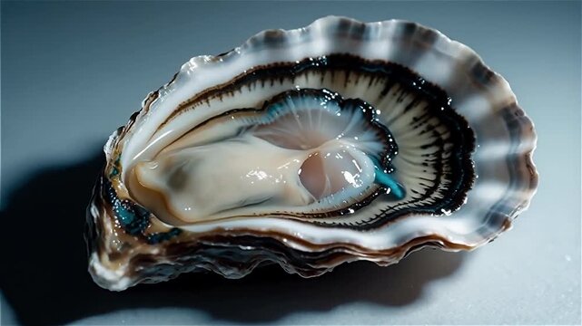 Close-up of an open oyster showcasing its unique shell pattern and the soft, glistening interior against a subtle background