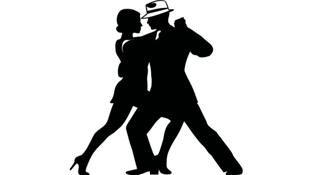 A silhouette of a couple in a graceful tango dance pose, isolated on a white background