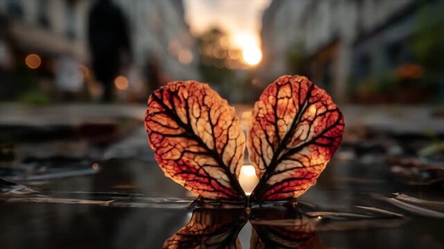 Autumn leaves resting in puddle on paved street at sunset