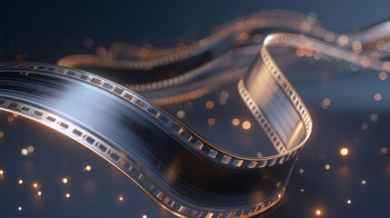 Naklejka premium Abstract three dimensional rendering of metallic film strip winding through dark space illuminated by warm golden cinematic bokeh lights suggesting motion picture history and awards.