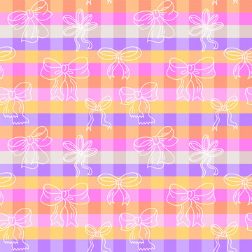Seamless check pattern with pink, violet, and yellow squares decorated with delicate line art bows. Playful and cheerful design perfect for gifts, kids projects, and party themes.