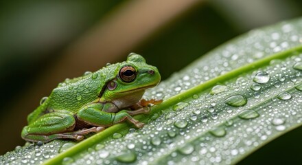 Obraz premium Green tree frog resting on a vibrant leaf covered in morning dew.