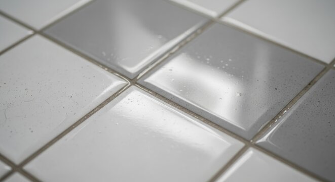 Close-up of dirty white and grey bathroom tiles with visible dust and grime.