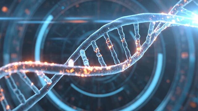 Digital DNA helix with futuristic glowing data rings