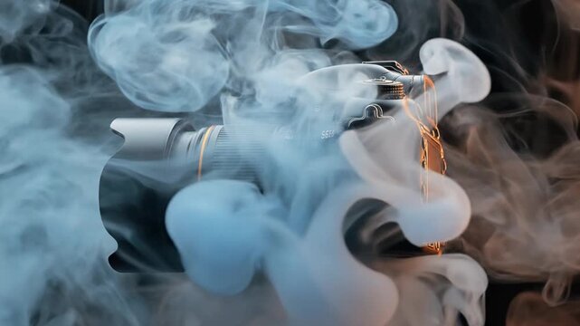 A digital single-lens reflex camera is shrouded in smoky mist against a dark background, in a moody composition