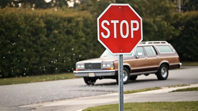 A red stop sign prominently displayed in a residential neighborhood with a brown car passing by, set against a backdrop of green bushes