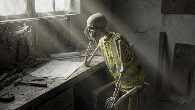 Skeleton construction worker looking at blueprints in dusty abandoned workshop. Dead engineer wearing safety vest waiting forever at desk. Concept of long project delay