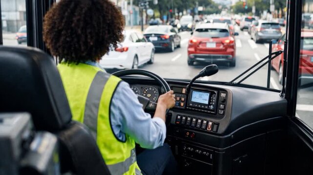 Female bus driver is driving along the road.
