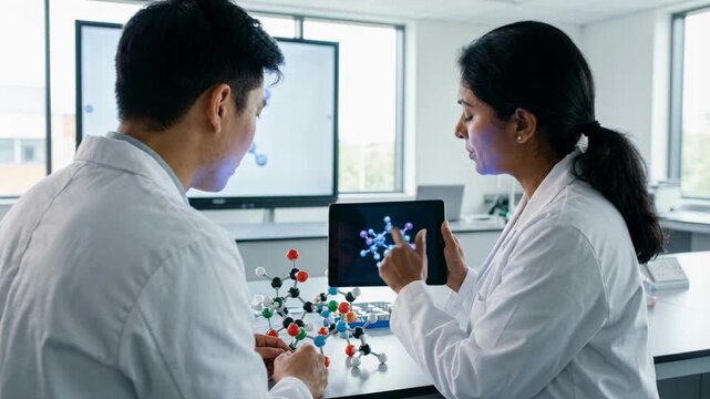 Diverse scientists analyzing molecular structure on tablet in modern laboratory. Medical research team discussing chemical formula using digital technology and innovation