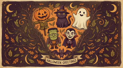 Cute Vintage Halloween Greetings Banner with Classic Monsters: Pumpkin, Ghost, Black Cat, Dracula, and Frankenstein Illustration © Fery