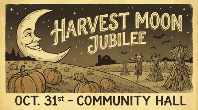 Retro Harvest Moon Jubilee Poster. Vintage Autumn Festival Illustration featuring Smiling Crescent Moon, Pumpkins, Scarecrow, Corn Stalks, and Halloween Night Scene.