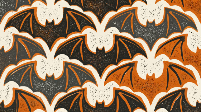 Spooky Orange and Black Bat Pattern. Distressed Retro Style Seamless Halloween Background Wallpaper with Grunge Woodcut Texture