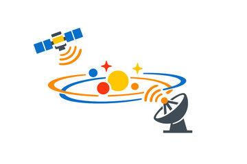 Naklejka premium This flat vector illustration shows a satellite and a ground station dish transmitting signals to a stylized solar system with planets and stars against a dark background.