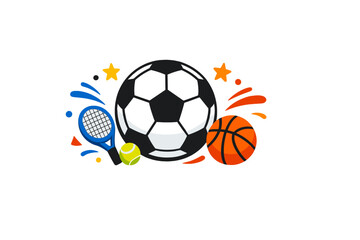 Obraz premium A colorful illustration featuring a soccer ball, basketball, tennis racket, and tennis ball against a black background with decorative stars and vibrant splashes of color.