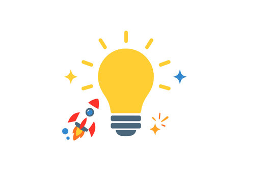 This flat vector illustration shows a glowing yellow light bulb as a central element, accompanied by a launching red rocket ship and decorative stars on a black background.