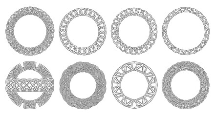 Collection of intricate Celtic knot circular frames and decorative borders in monochrome grey