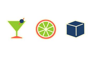 Obraz premium Three stylized icons representing a cocktail, a lime slice, and an ice cube are displayed in a row against a solid black background. The graphics feature bold colors and thick outlines.