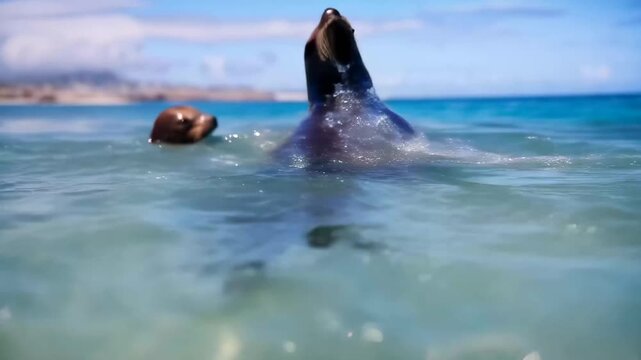 Sea Lions in Aquatic Symphony: Two sleek sea lions frolic in crystal-clear azure waters, one playfully breaching the surface while the other rests nearby.
