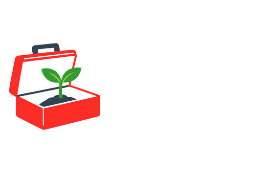 An open red toolbox contains a small green sprout growing from a mound of dark soil. This simple illustration on a black background represents environmental tools and sustainable growth.