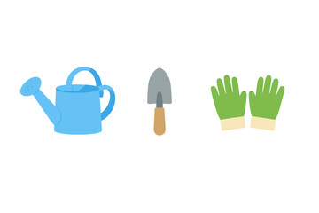 Obraz premium This flat illustration features essential gardening tools including a blue watering can, a metal hand trowel with a wooden handle, and a pair of green protective gloves on a black background.