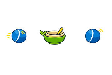 Fototapeta na wymiar Three cartoon icons featuring two blue balls with motion lines and a green bowl with a wooden spoon and leaves, all set against a solid black background with white outlines.