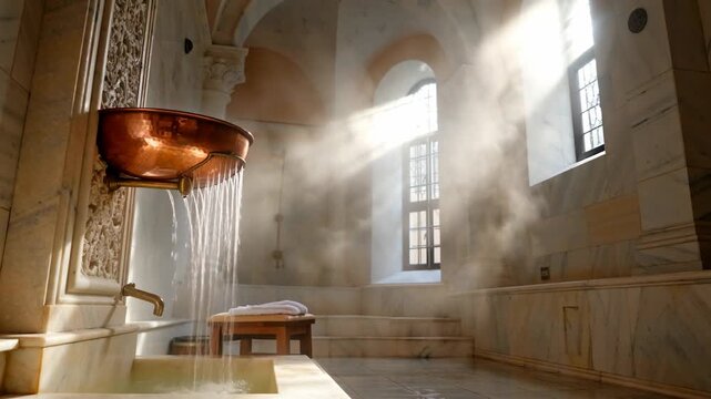 Serene spa environment featuring a copper basin with water flowing, soft sunlight streaming through windows, and warm wooden accents