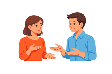 Obraz premium A man in a blue shirt and a woman in an orange top are talking and gesturing. This flat vector illustration depicts a social interaction between two people on a black background.
